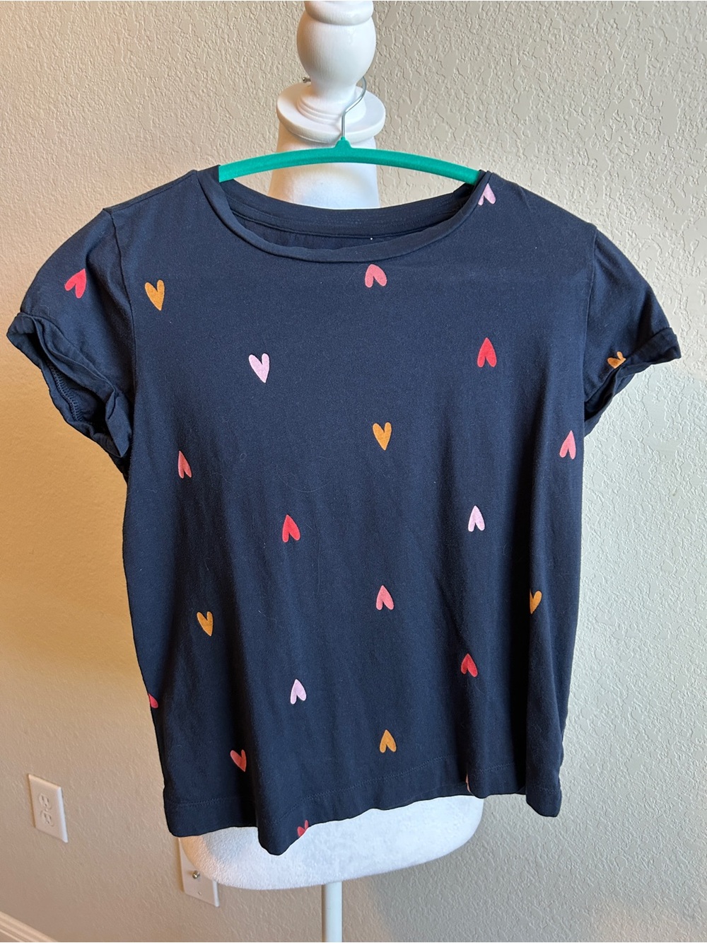 LOFT Navy Short Sleeved Tee Shirt with Colorful Hearts Size Small